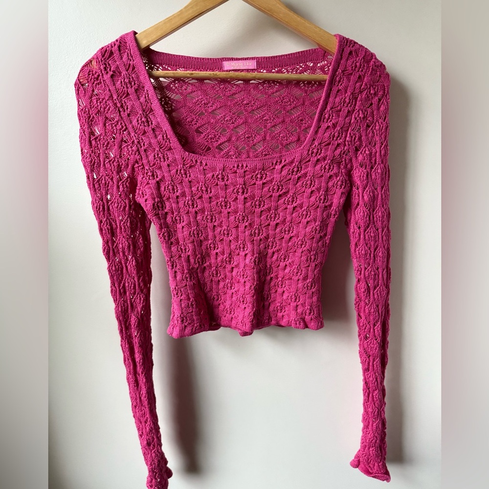 MARIA FLOR Cropped Pink Open‎ Knit Sweater Square Neck Y2K Girly Feminine XS S